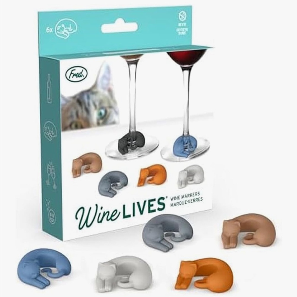 Wine Lives, Fred Cat Wine Markers Set - Blue, Orange, Gray New in Box 🐈🐈‍⬛